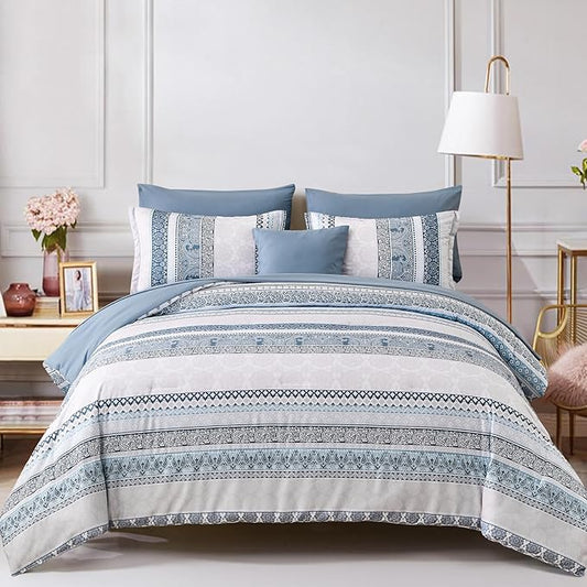 Cottolester Boho Comforter Set Full Size Light Blue Comforter Set 8 Piece Bed in a Bag Striped Paisley Bedding Sets