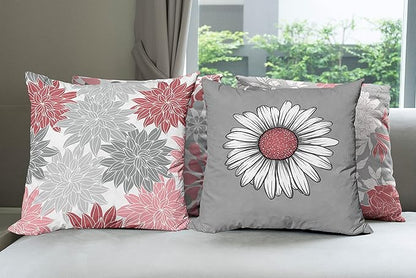 Ambesonne Floral Throw Pillow Cushion Case Pack of 4, Flower Petals Modern Color Palette Chamomile Peony Dahlia and Sunflower Print, Modern Accent Double-Sided Digital Printing, 20", Dark Coral Grey
