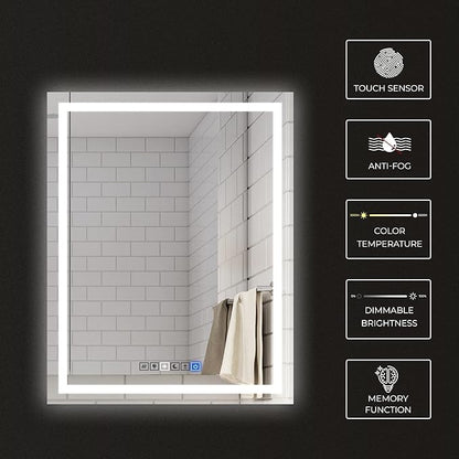 Fab Glass and Mirror LED Mirror 28x36 Inches, Led Bathroom Mirror with Lights Front and Backlit Anti-Fog Memory Brightness, Three Color Options Frameless Wall Mounted Bathroom Vanity Mirror