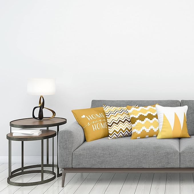 Ambesonne Modern Throw Pillow Cushion Case Pack of 4, Geometric Style Pattern of Triangles Zigzags Love Home Phrase Print, Modern Accent Double-Sided Digital Printing, 18", Pale Orange Amber and White