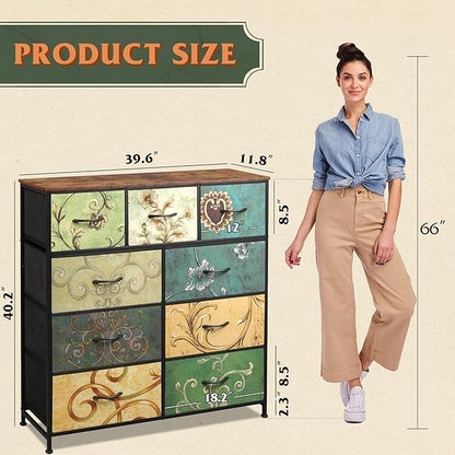 WLIVE 9-Drawer Dresser, Fabric Storage Tower for Bedroom, Hallway, Entryway, Closet, Tall Chest Organizer Unit with Fabric Bins, Steel Frame, Wood Top, Easy Pull Handle, Floral Painted