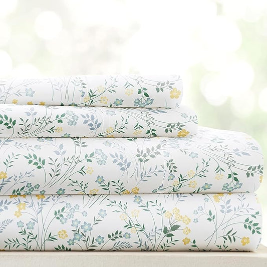 Linen Market 4 Piece King Sheet Set - Breathable, Double-Brushed Patterned Cooling Sheets – Oeko-TEX Certified Ultra Soft & Wrinkle-Free 16" Deep-Pocket King Sheets - Easy Care Wildflower Light Blue