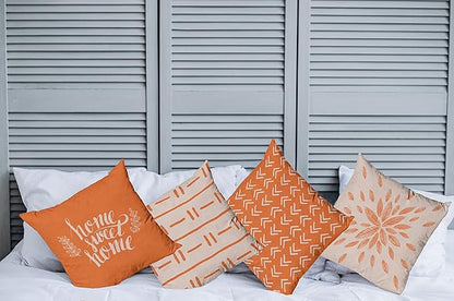 Ambesonne Modern Throw Pillow Cushion Case Pack of 4, Scandinavian Minimal Ornaments Boho Feather Leaves and Home Phrase, Modern Accent Double-Sided Digital Printing, 24", Pale Tan and Burnt Orange