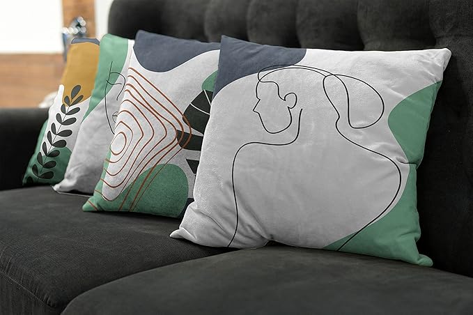 Ambesonne Minimal Throw Pillow Cushion Case Pack of 4, Modern Line Art Woman Portrait with Contemporary Leafy Geometric Details, Modern Accent Double-Sided Digital Printing, 20", Sea Green Slate Blue