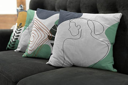 Ambesonne Minimal Throw Pillow Cushion Case Pack of 4, Modern Line Art Woman Portrait with Contemporary Leafy Geometric Details, Modern Accent Double-Sided Digital Printing, 20", Sea Green Slate Blue