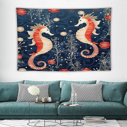 Tapestry Seahorse Christmas Kiss Beach Aesthetic Bedroom Tapestries Ocean Coastal Beach Wall Tapestries Home Decoration for Bedroom Living Room Dorm Landscape 60"x90" Christmas Family Party