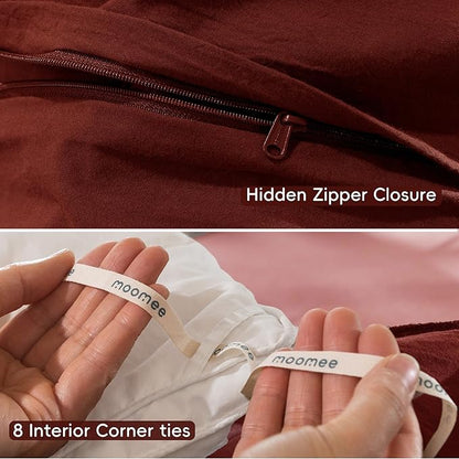 MooMee Bedding Duvet Cover Set 100% Washed Cotton Linen Like Textured Breathable Durable Soft Comfy (Solid Fired Brick Red, Oversized Queen 98"x98")