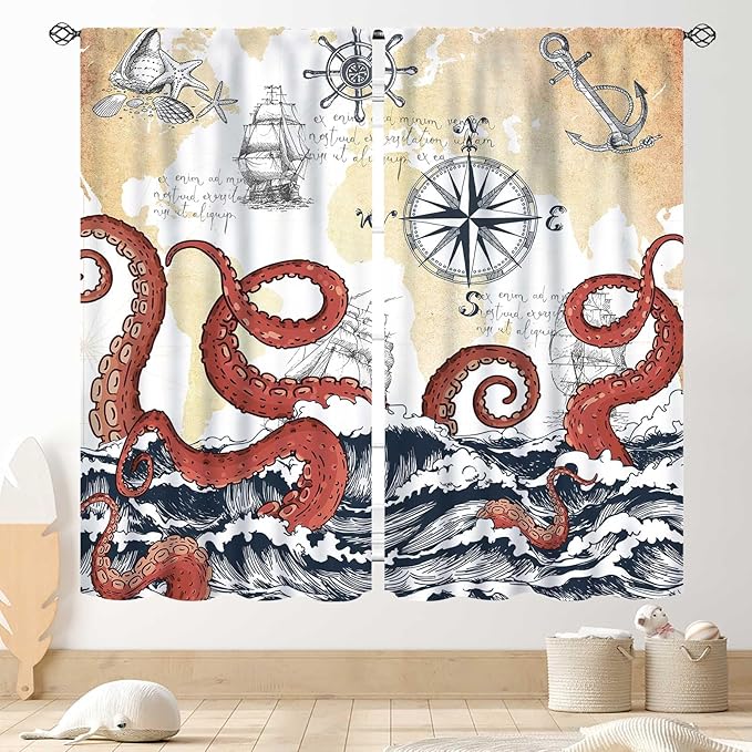 Nautical Octopus Curtains, Coastal Old Pirate Map Sailboat Compass Ocean Wave Kraken Octopus Tentacles Vintage Window Drapery Treatment for Bedroom Living Room Kitchen Bathroom 2 Panels, 84"x84" Inch
