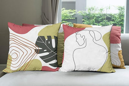 Ambesonne Minimal Throw Pillow Cushion Case Pack of 4, Modern Line Art Woman Portrait Contemporary Leafy Geometric Details, Modern Accent Double-Sided Digital Printing, 24", Olive Green and Dark Coral
