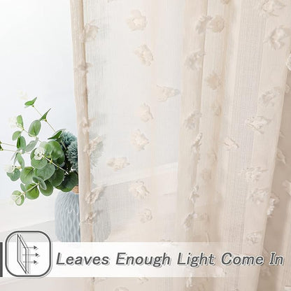 MYSKY HOME Pom Pom Beige Sheer Curtains for Bedroom Girls Room Curtains 63 inch Length for Nursery Kids Light Filtering Boho Window Drapes, Rod Pocket, 38" Wide, 2 Panels