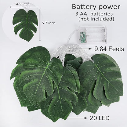 RECUTMS 20LED Monstera Leaf String Lights, Tropical Artificial Rattan Palm Leaves Wall Hanging Vine Greenery,Summer Decorations for Outdoor Indoor Hawaiian Luau Jungle Beach Theme Party Table Home