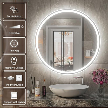 32 Inch Frameless Round Lighted Bathroom Mirror with Front & Backlit - 6000K Daylight, Dimmable, Anti-Fog, CRI 90+, 5mm HD LED Mirror