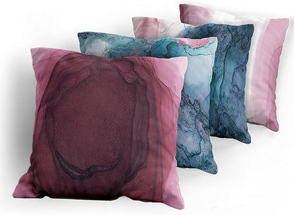Ambesonne Marble Print Throw Pillow Cushion Case Pack of 4, Watercolor Effect Brushstrokes Stains and Hues Modern Bicolour, Modern Accent Double-Sided Digital Printing, 18", Petrol Blue and Dried Rose