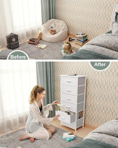 Crestlive Products Tall Dresser for Bedroom Vertical Storage Tower - Sturdy Steel Frame, Wood Top, Easy Pull Fabric Bins, Handles - Organizer Unit for Hallway, Entryway, Closets - 6 Drawers (White)