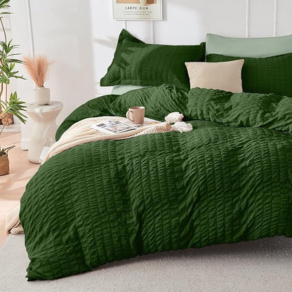 HYMOKEGE Dark Green/Sage Green Twin Comforter Set Seersucker 5 Pieces, All Season Luxury Bed in a Bag for Bedroom, Bedding Set with Comforter, Sheets, Pillowcase & Sham