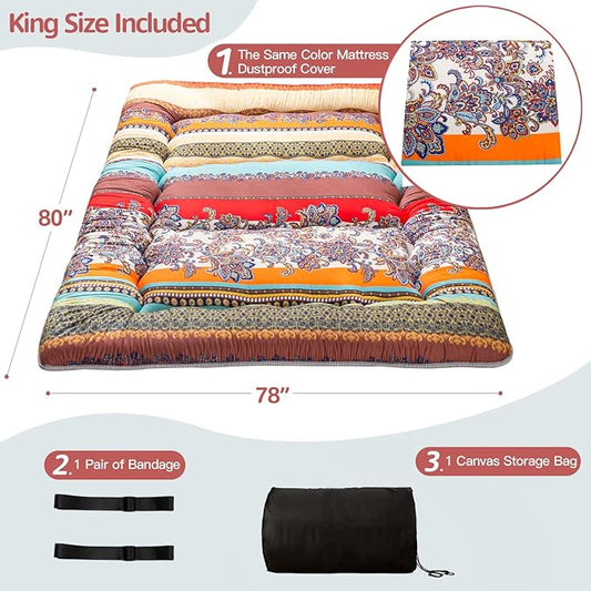 MAXYOYO Bohemian Retro Floor Mattress Vintage Floral Japanese Futon Mattress Roll Up Thicken Sleeping Bed Portable Camping Mattress Floor Lounger Couch Bed Mattress Pad, King Size