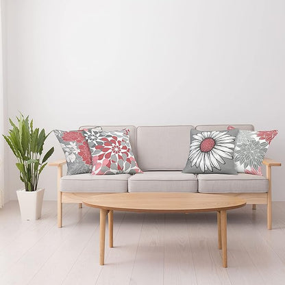 Ambesonne Floral Throw Pillow Cushion Case Pack of 4, Flower Petals Modern Color Palette Chamomile Peony Dahlia and Sunflower Print, Modern Accent Double-Sided Digital Printing, 16", Dark Coral Grey