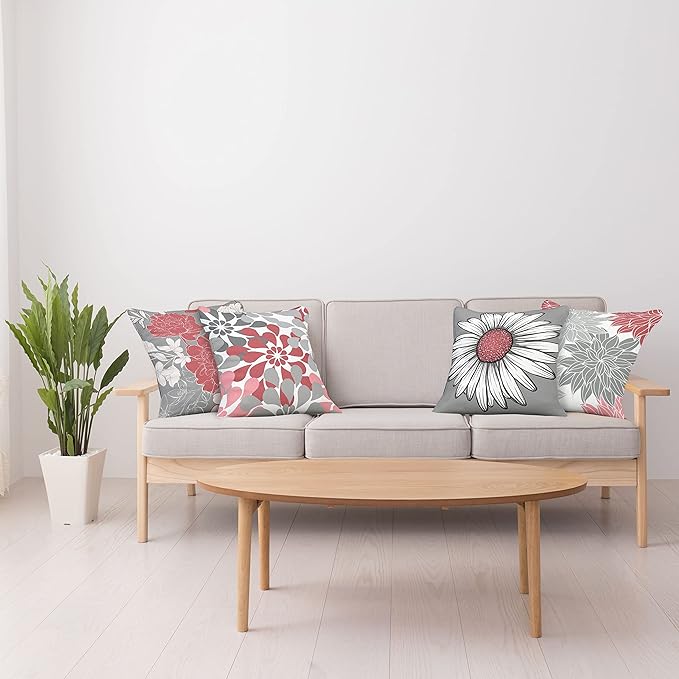 Ambesonne Floral Throw Pillow Cushion Case Pack of 4, Flower Petals Modern Color Palette Chamomile Peony Dahlia and Sunflower Print, Modern Accent Double-Sided Digital Printing, 20", Dark Coral Grey