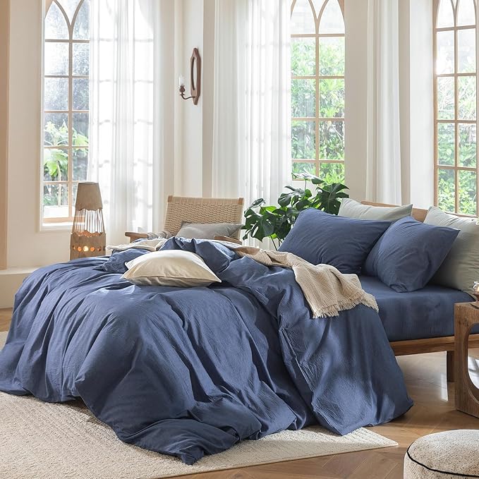 MooMee Bedding Duvet Cover Set 100% Washed Cotton Linen Like Textured Breathable Durable Soft Comfy (Heathered Blue, Oversized Queen 98"x98")