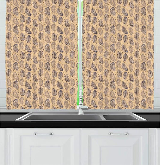Lunarable Abstract Hippie Kitchen Curtains, Vintage Ethnic Feathers in Tribal Motifs Rhythmic Pattern, Window Drapes 2 Panel Set for Kitchen Cafe Decor, 55" X 39", Peach and Dark Purple Grey