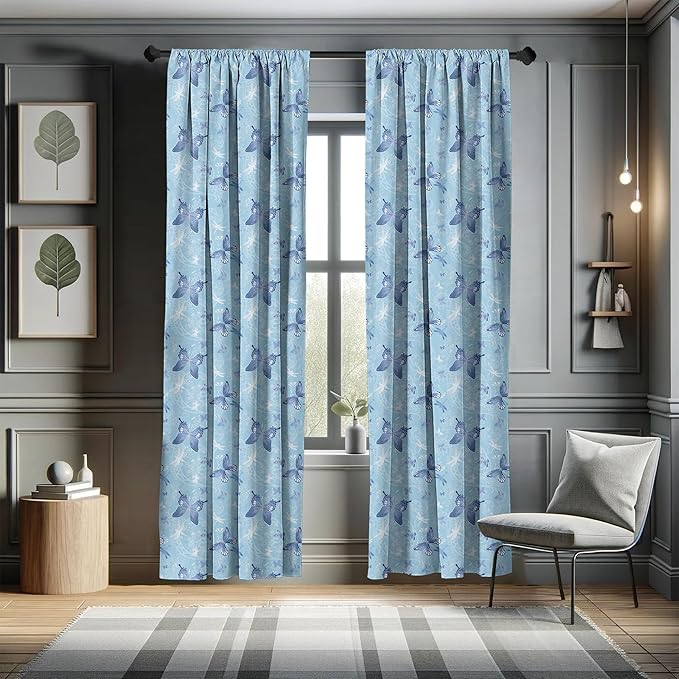 Ambesonne Butterfly Window Curtains, Pastel Color Dragonflies Floral Arrangement Swirls Curves Spring, Lightweight Decor 2-Panel Set with Rod Pocket, Pair of - 28" x 63", White Blue