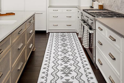 Custom Size Southwestern Style Runner Rug Mat for Wide Hallway Entryway Kitchen Laundry Room with Slip Resistant Latex Rubber Backing, Aztec Light Grey, 31 inch X 8 feet