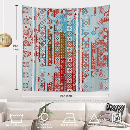 Batmerry Blue Grey Boho Garbage Tapestry, Red Wall Art Hanging Decoration Polyester Fiber White Ruffled Around for Dorm Room Bedroom Living Room, 59.1x59.1 inches