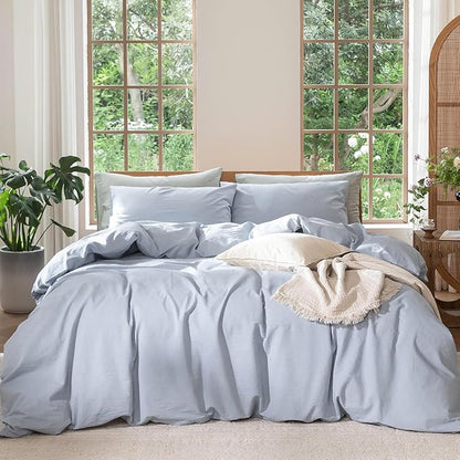 MooMee Bedding Duvet Cover Set 100% Washed Cotton Linen Like Textured Breathable Durable Soft Comfy (Heathered Cornflower Blue, Full 80"x90")