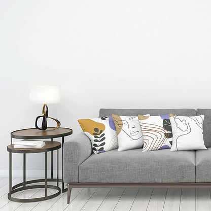 Ambesonne Minimal Throw Pillow Cushion Case Pack of 4, Modern Line Art Woman Portrait with Contemporary Leafy Geometric Details, Modern Accent Double-Sided Digital Printing, 24", Tan Amber Lavender