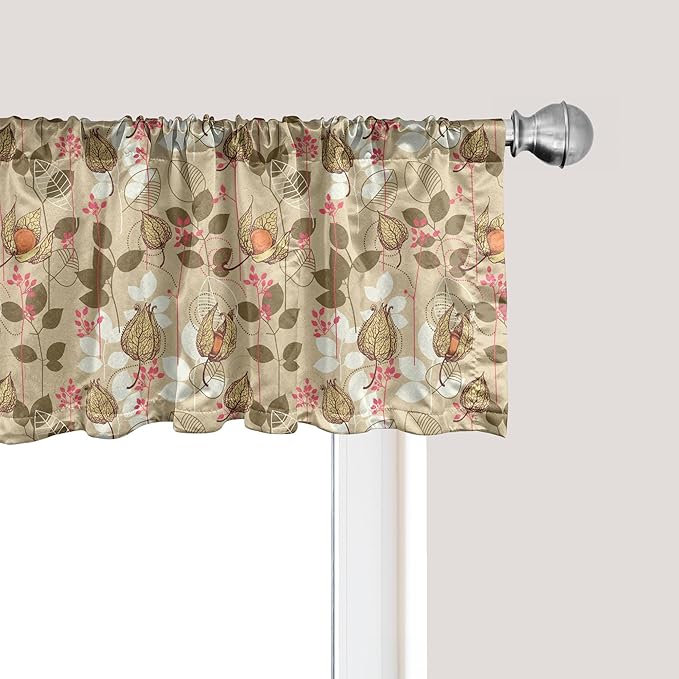 Ambesonne Autumn Window Valance, Seasonal Fruits and Leafs Vintage Botanical Print Soft Brown Toned Backdrop, Curtain Valance for Kitchen Bedroom Decor with Rod Pocket, 42" x 18", Sepia Multicolor