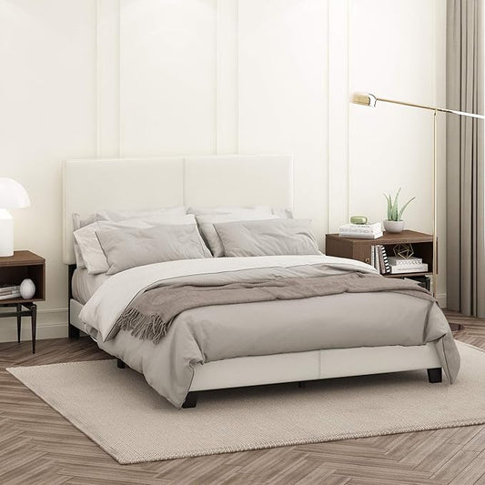 FURINNO Pessac PU Leather Upholstered Platform, Queen, White,FB19821QWH