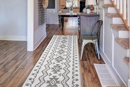 Custom Size Southwestern Style Runner Rug Mat for Wide Hallway Entryway Kitchen Laundry Room with Slip Resistant Latex Rubber Backing, Aztec Light Grey, 31 inch X 10 feet