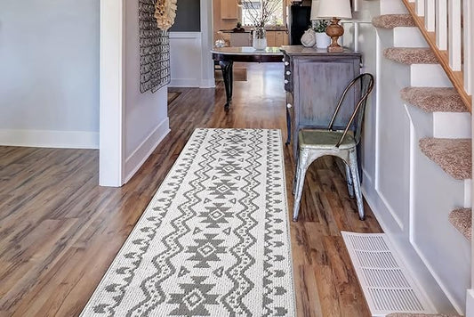Custom Size Southwestern Style Runner Rug Mat for Wide Hallway Entryway Kitchen Laundry Room with Slip Resistant Latex Rubber Backing, Aztec Light Grey, 31 inch X 10 feet