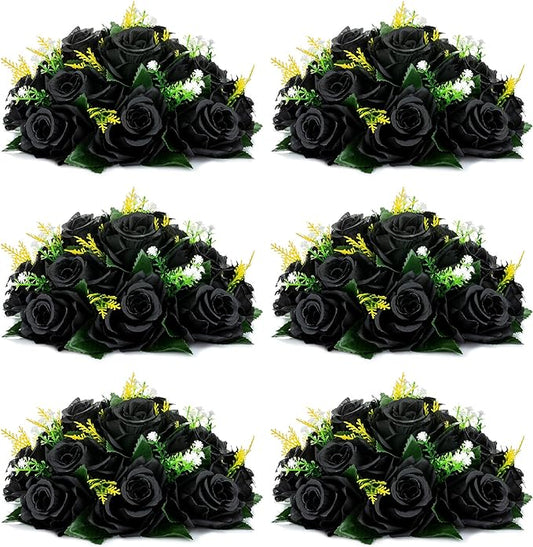 NUPTIO Black Artificial Roses Flowers: 6 Pcs Fake Flower Bouquet Halloween Decorations - 15 Heads Artificial Rose Centerpieces with Base for Gothic Wedding Party Table Decor