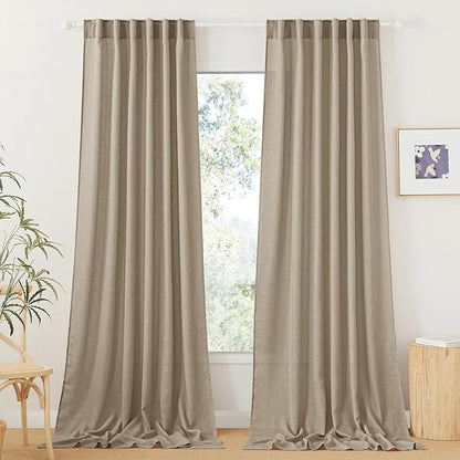RYB HOME Linen Sheer Curtains for Living Room, Boho Classic Linen Blend Elegant Light Filtering Privacy Protected Panels Ceiling Curtains for Bedroom Gym Room, Khaki, 52" W x 108" L, 2 Panels