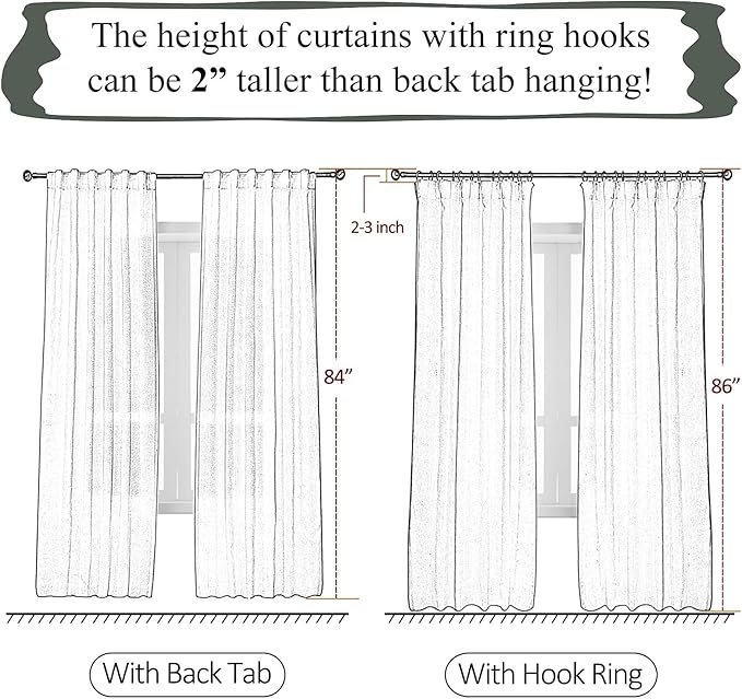 White Sheer Linen Pinch Pleated Sliding Door Curtains, 2x50 Inches Width, Cotton Look Light Filtering Drapes 96 Inches Long, Soft Textured Modern Farmhouse Window Curtain Panels