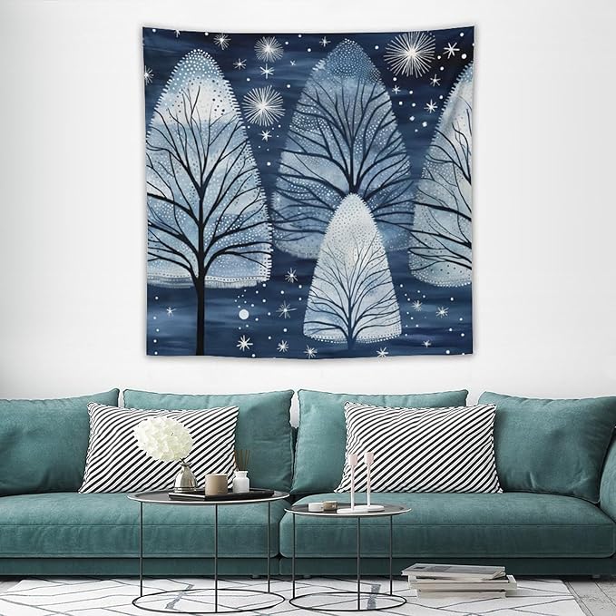 Tapestries Trendy Blue Silver Glitter Tree Christmas Tapestry Xmas Rustic Winter Holiday Tapestry for Bedroom Aesthetic Wall Hanging for Bedroom Living Room Dorm 60"x60" Christmas Family Party