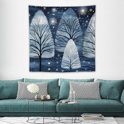 Tapestries Trendy Blue Silver Glitter Tree Christmas Tapestry Xmas Rustic Winter Holiday Tapestry for Bedroom Aesthetic Wall Hanging for Bedroom Living Room Dorm 60"x60" Christmas Family Party