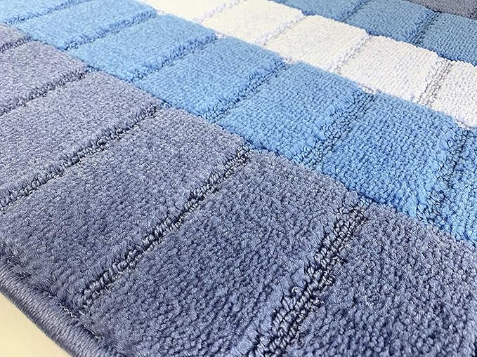 Custom Size Coastal Nautical Style Runner Rug Carpet for Hallway Entryway, Slip Resistant Latex Rubber Backed, 31 inch Wide X Customized Length, Squares Blue, 31 inch X 26 feet