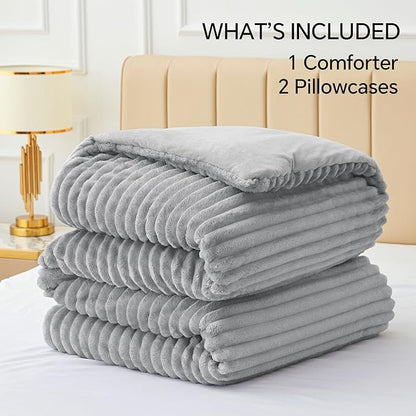 BEDELITE Fleece Full Comforter Set -Super Soft & Warm Fluffy Light Grey Bedding, Luxury Fuzzy Heavy Bed Set for Winter with 2 Pillow Cases