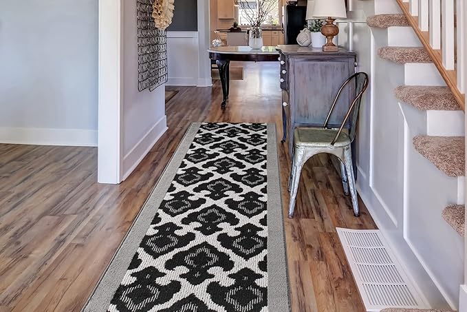 Custom Length Cut to Size Fleur de Lis Inspired Carpet Runner Rug for Hallways, Non Slip Rubber Backed, 31 inch Wide X Customized Length, Royal Grey, 31 inch X 7 feet