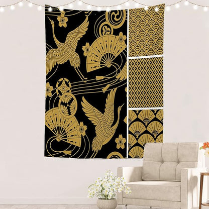 Batmerry Black Oriental Tapestry,Gold Japanese Fan Wall Art Hanging Decoration Polyester Fiber White Ruffled Around for Dorm Room Bedroom Living Room, 59.1x51.2 inches