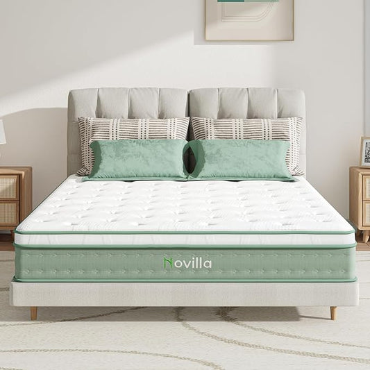 Novilla Queen Size Mattress, 10 Inch Hybrid Mattress in a Box, Foam with Individual Pocket Coils for Quality Sleep, Pillow Top Queen Mattresses with Quilted Cover, Release Pressure