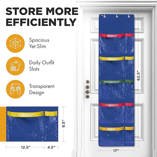 Over the Door Weekly Clothes Organizer - 5 Shelf Hanging Closet Storage with Day of the Week Labels - Weekly Clothes Organizer For Kids - Space-Saving Over Door or Wall Hanging Organizer (Blue)