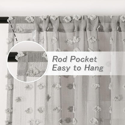 MYSKY HOME Pom Pom Grey Sheer Curtains for Bedroom Girls Room Curtains for Nursery Kids Light Filtering Boho Window Drapes, Rod Pocket, 52 x 95 Inches, 2 Panels