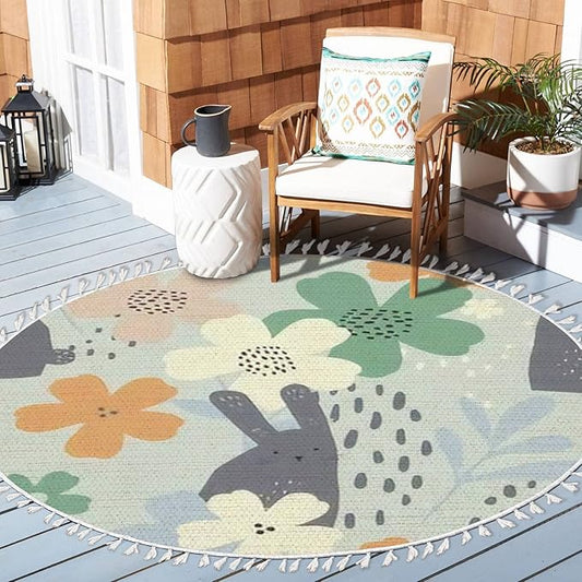 Round Rugs Floral Cute White Bunnies Hand Drawn Boho Area Rug Linen and Cotton Carpet Meditation Rug Washable Hallway Runner Mat Accent Rug for Bedroom Bathroom 4ft