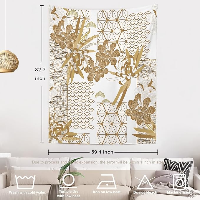 Batmerry Gold Japanese Floral Tapestry,Spring Wall Art Hanging Decoration Polyester Fiber White Ruffled Around for Dorm Room Bedroom Living Room, 82.7x59.1 inches