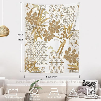 Batmerry Gold Japanese Floral Tapestry,Spring Wall Art Hanging Decoration Polyester Fiber White Ruffled Around for Dorm Room Bedroom Living Room, 82.7x59.1 inches