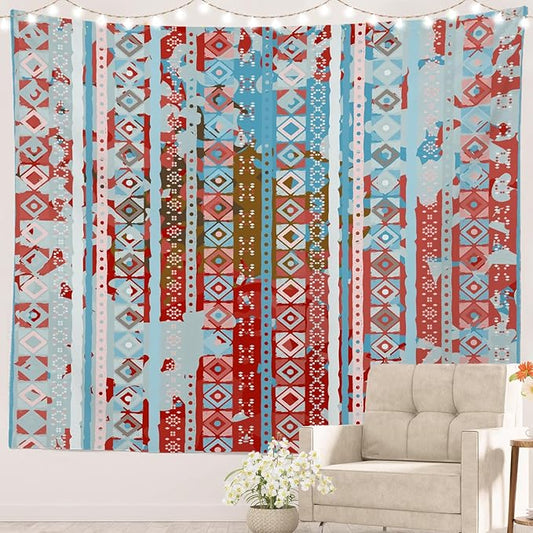 Batmerry Boho Tribal Tapestry, Aztec Ethnic Tribal Colorful Boho Abstract Distress Watercolor Wall Hanging Polyester Fiber White Ruffled Around For Dorm Room Bedroom Living Room, 90.6 X 78.7 Inches