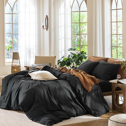 MooMee Bedding Duvet Cover Set 100% Washed Cotton Linen Like Textured Breathable Durable Soft Comfy (Solid Black, Oversized Queen 98"x98")